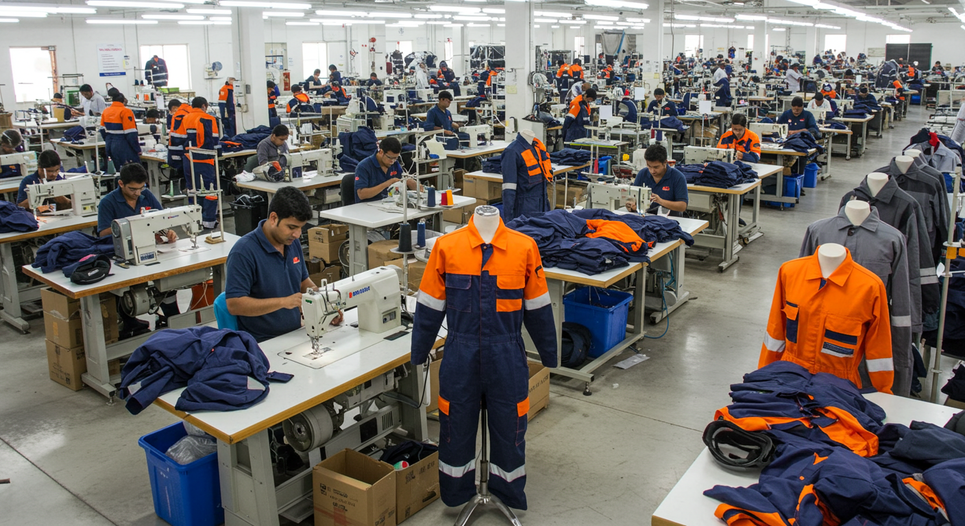 Industrial workers wearing durable factory uniforms