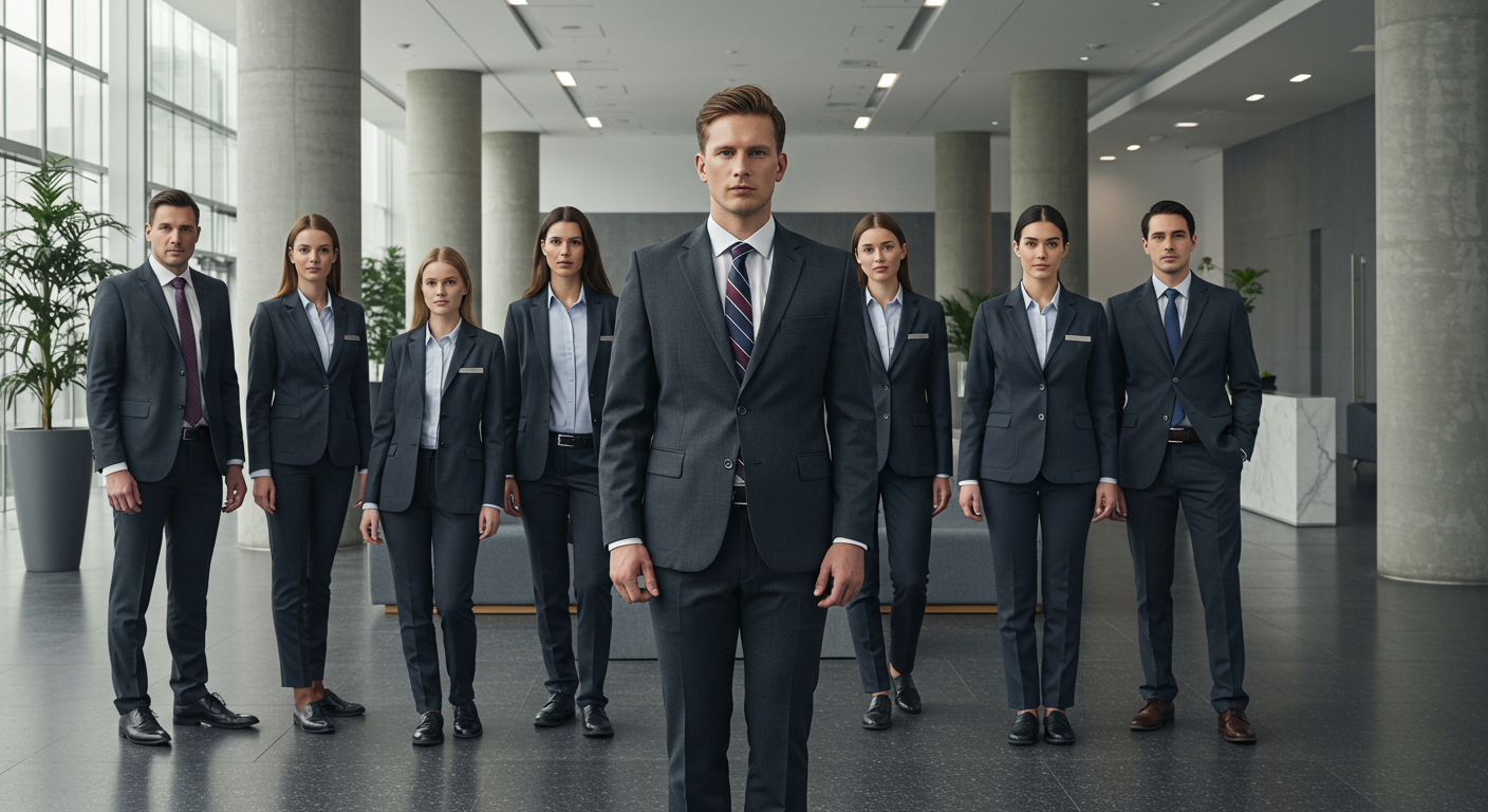 Corporate office employees wearing coordinated branded uniforms