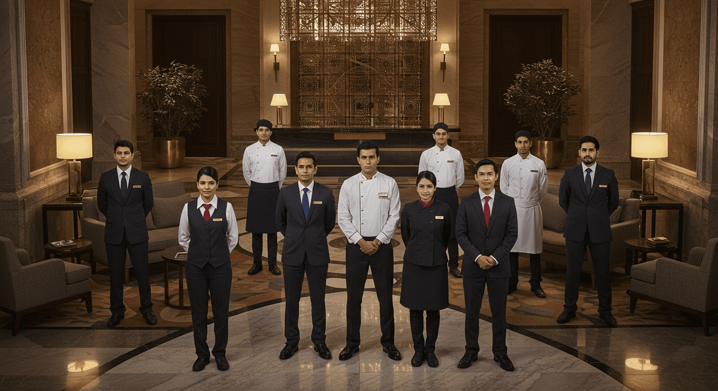 Hotel staff in coordinated hospitality uniforms