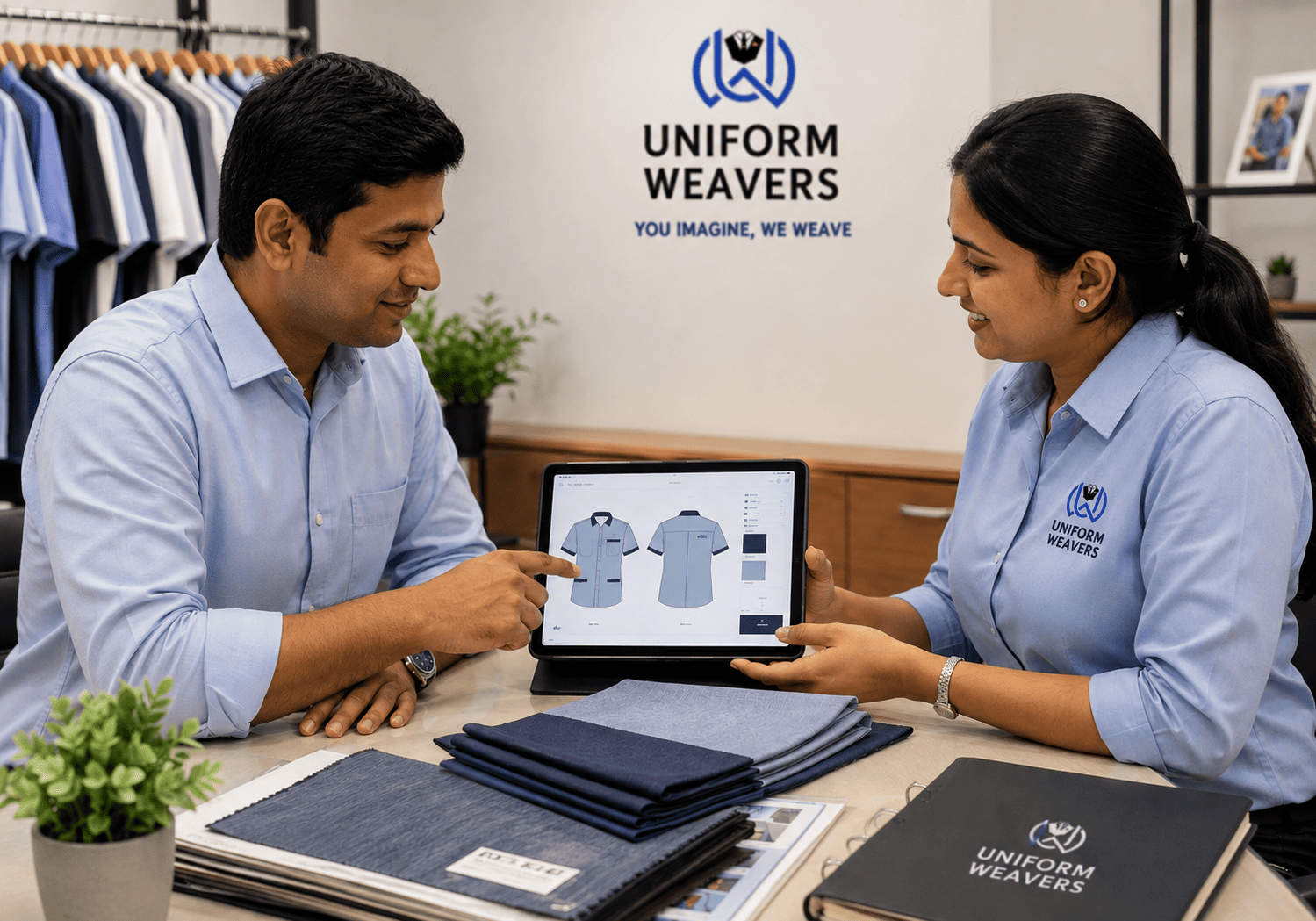 Bulk uniform order consultation with fabric swatches and design mockup, Navi Mumbai