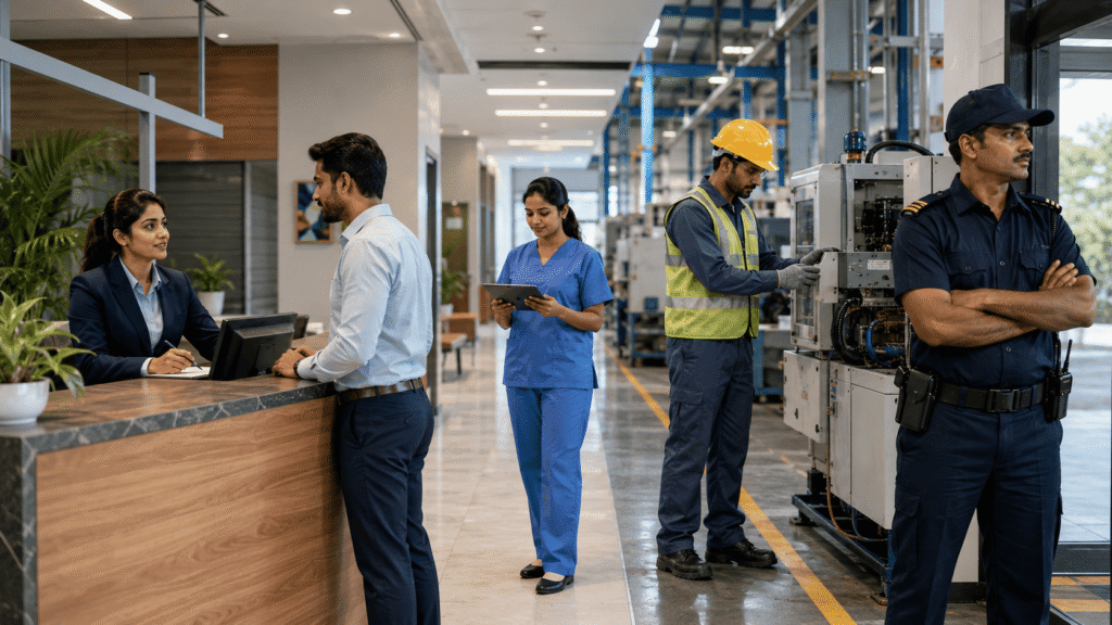 Indian employees wearing corporate, healthcare, industrial and security workplace uniforms