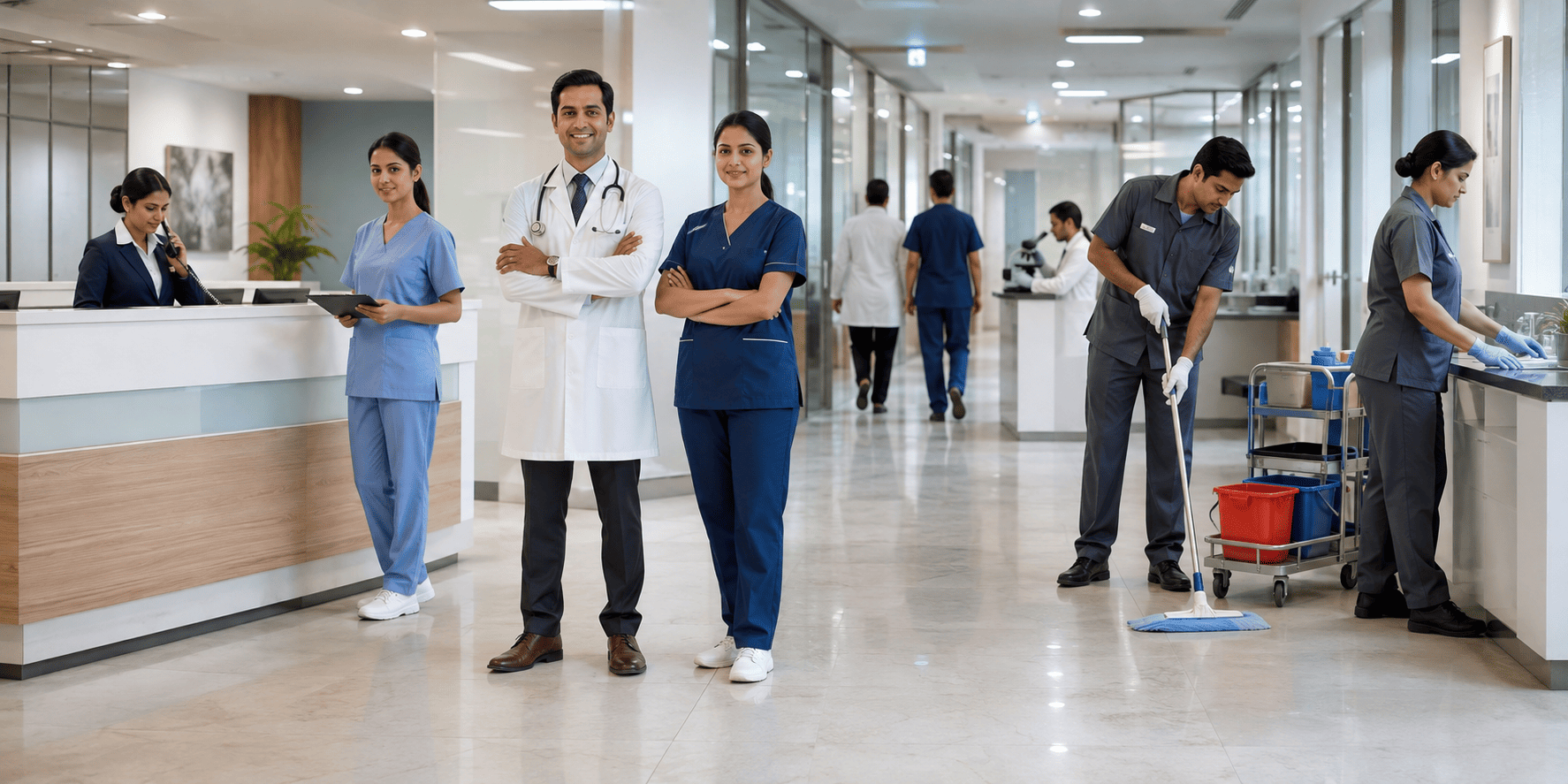 Hospital staff in colour-coded uniforms across departments