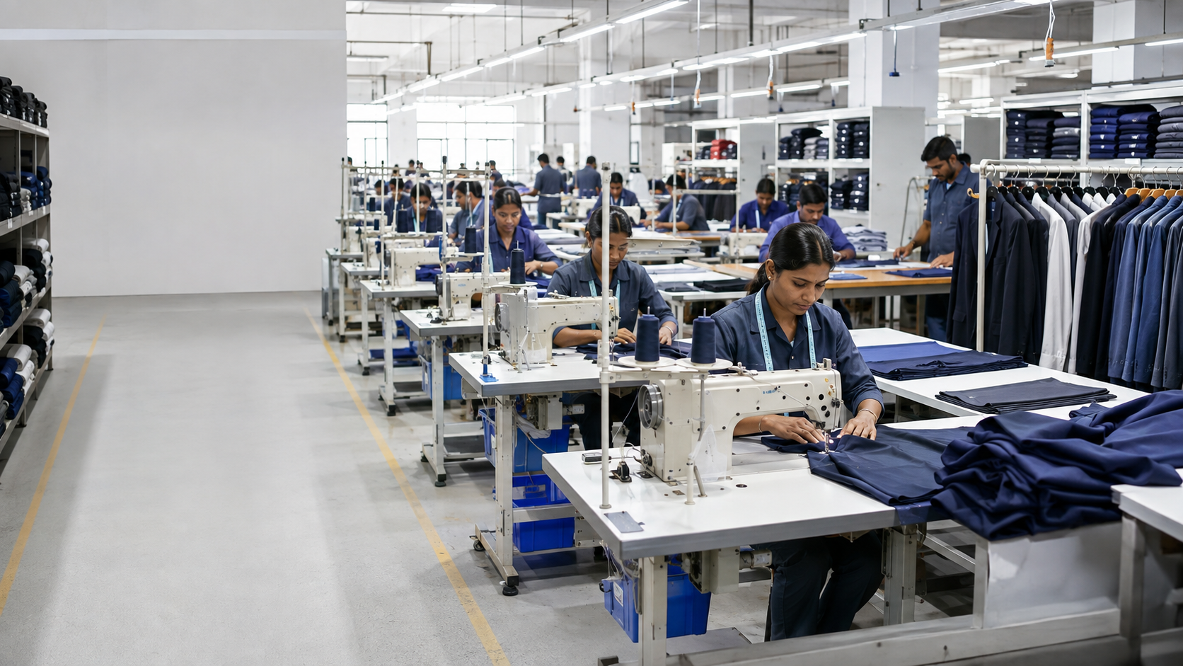 Corporate Uniform Manufacturing Factory, Mumbai Corporate uniform manufacturing factory in Mumbai with skilled workers stitching high-quality business uniforms for bulk orders.