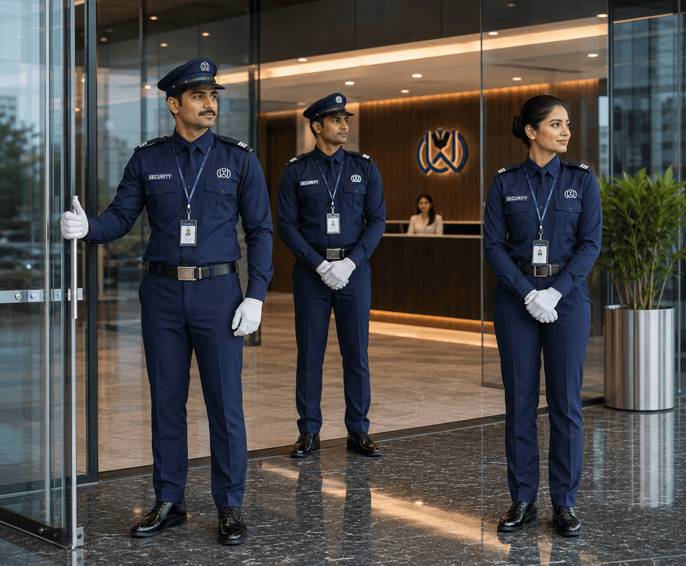 Security guard uniform corporate building entrance