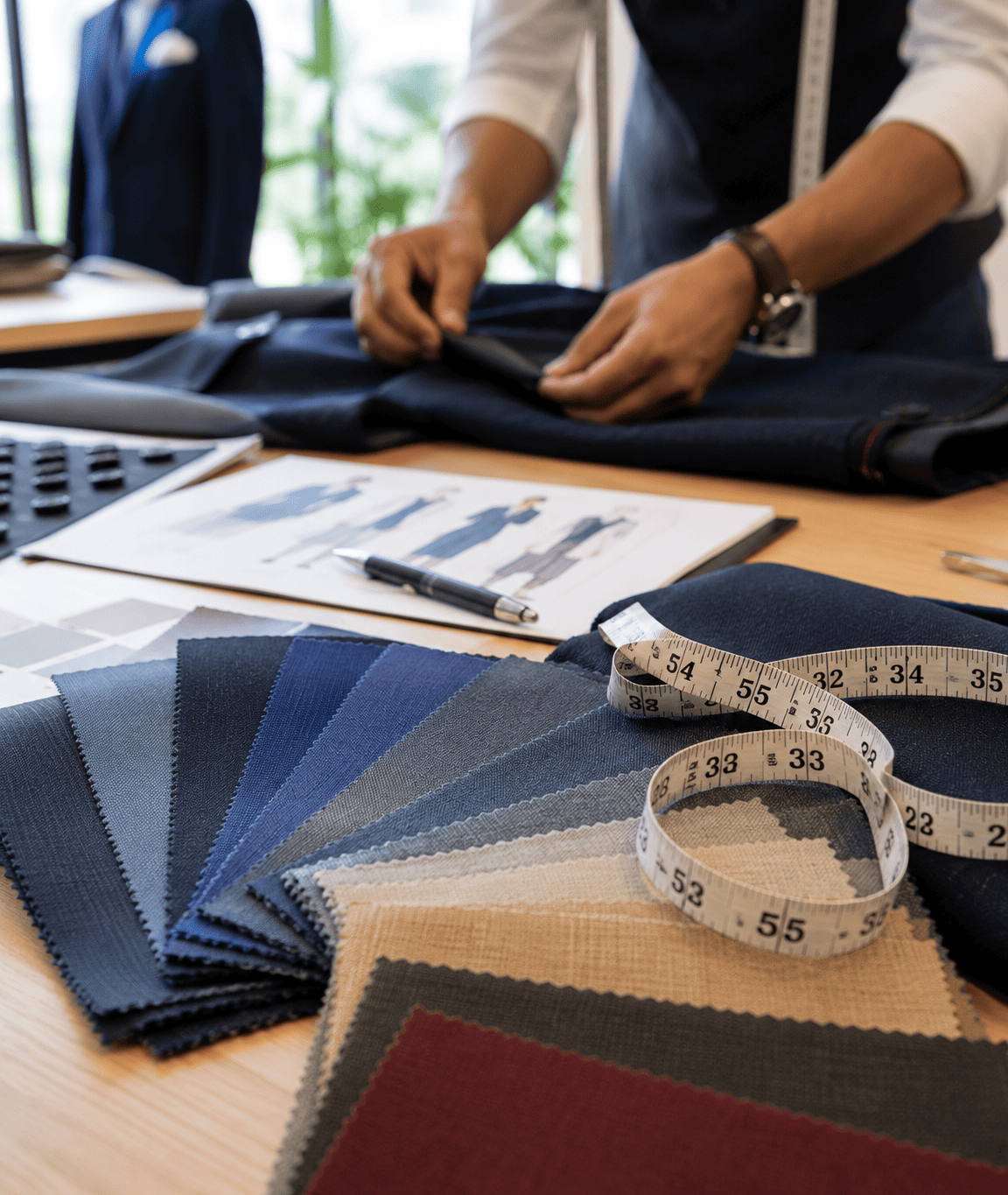 Fabric sample selection and tailoring being reviewed for a custom uniform order